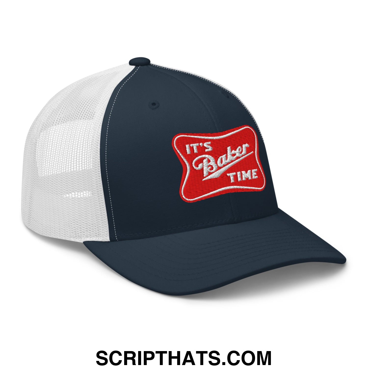 Navy blue and white mesh trucker hat with red embroidered patch reading its baker time in cursive script