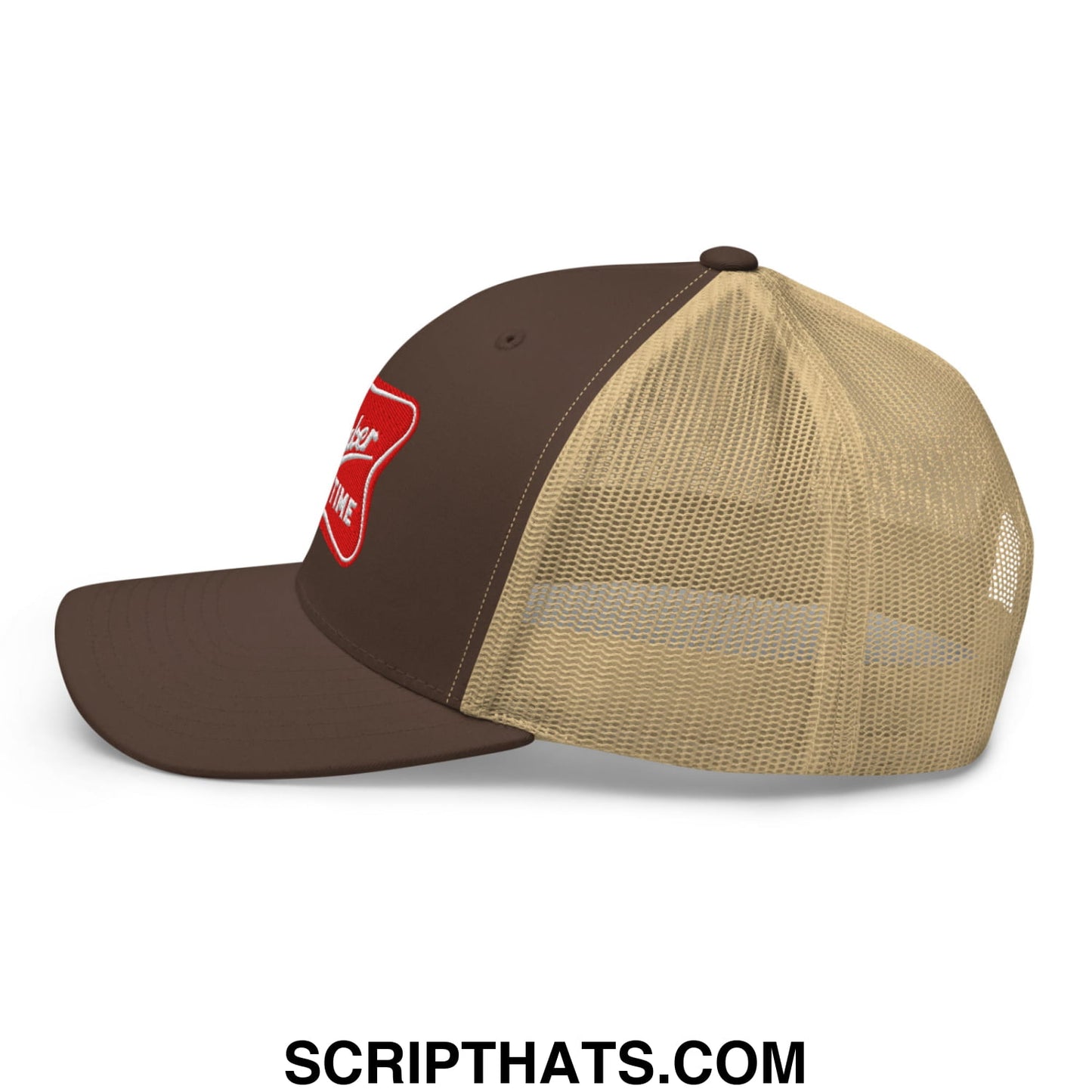 Brown and tan mesh trucker hat with red embroidered its baker time logo on the front panel