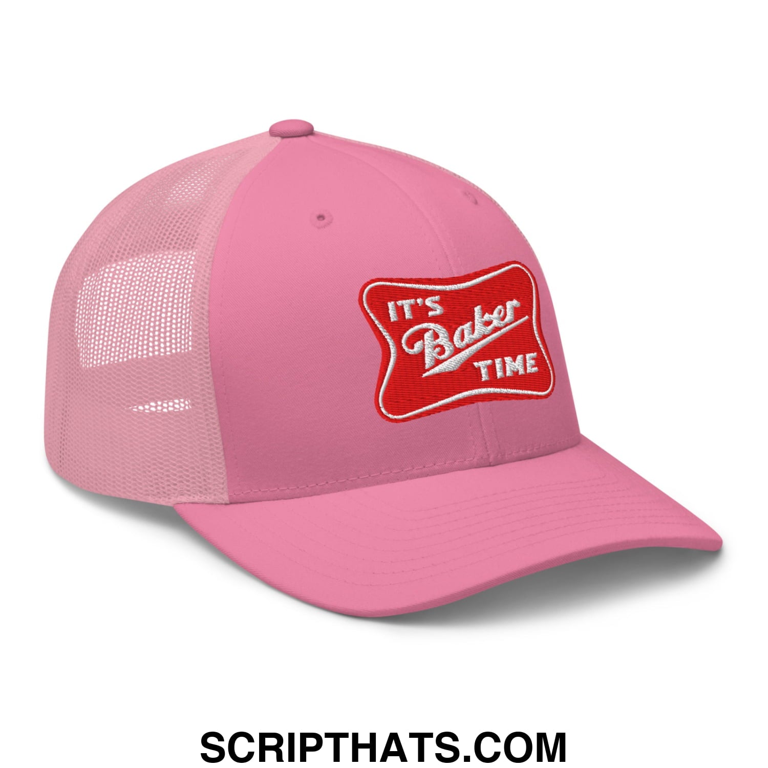 Pink mesh trucker hat with red embroidered patch reading its baker time in white script