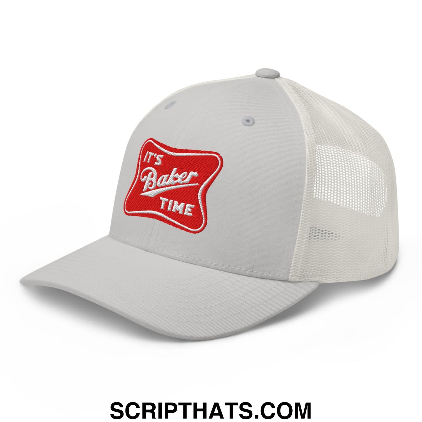 Light gray mesh trucker hat with red embroidered patch reading its baker time on the front