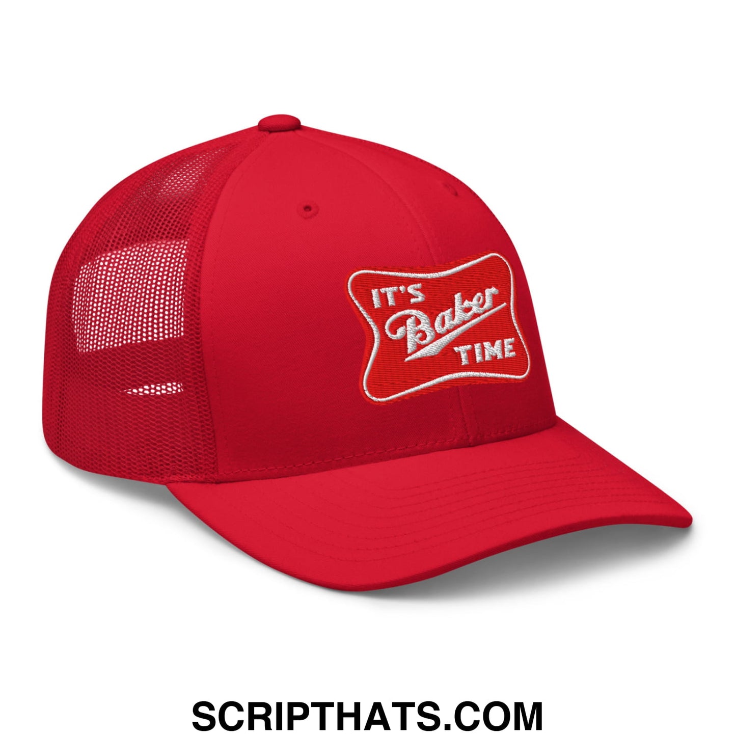 Red mesh trucker hat with a white embroidered patch reading its baker time on the front
