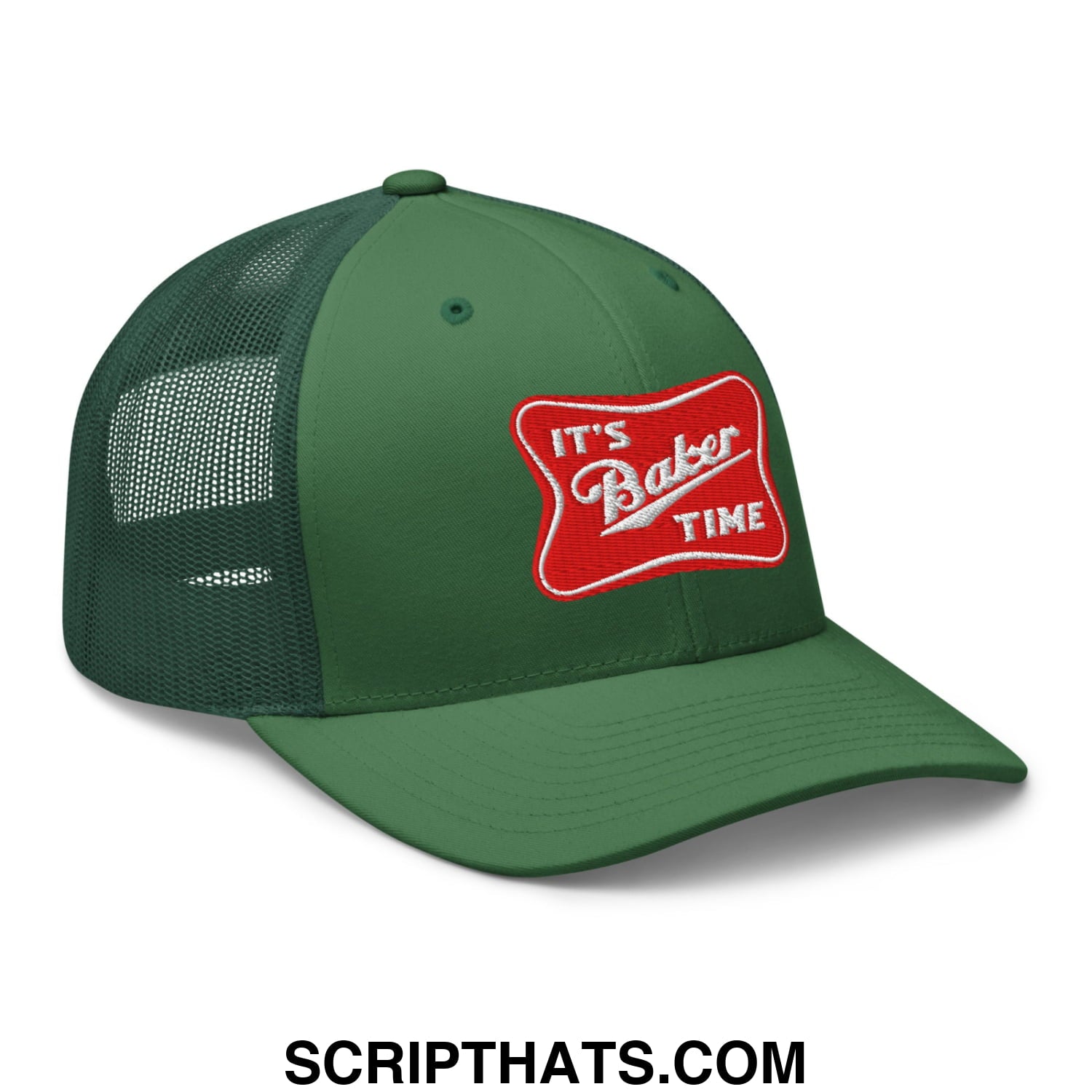 Green mesh trucker hat with a red embroidered patch that reads its baker time in white script