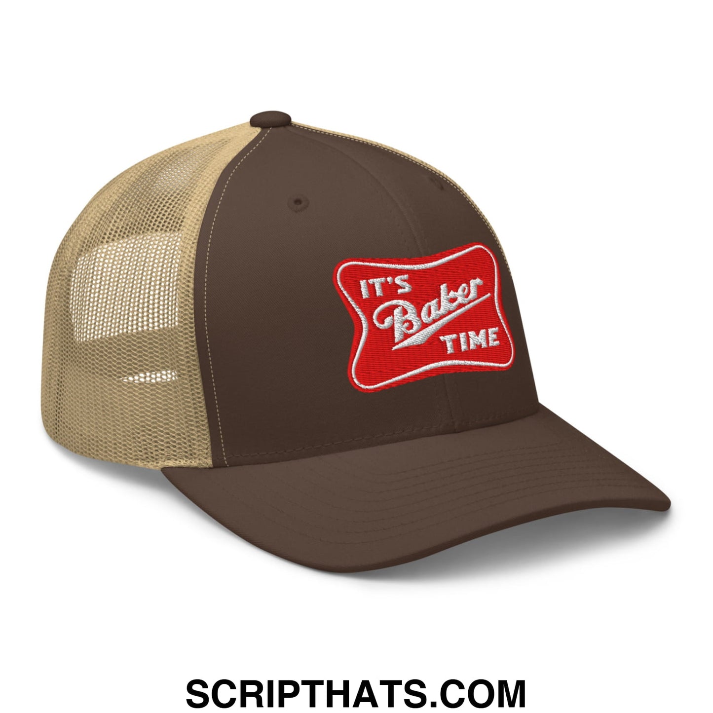 Brown and tan mesh trucker hat with red embroidered patch reading its baker time in white script