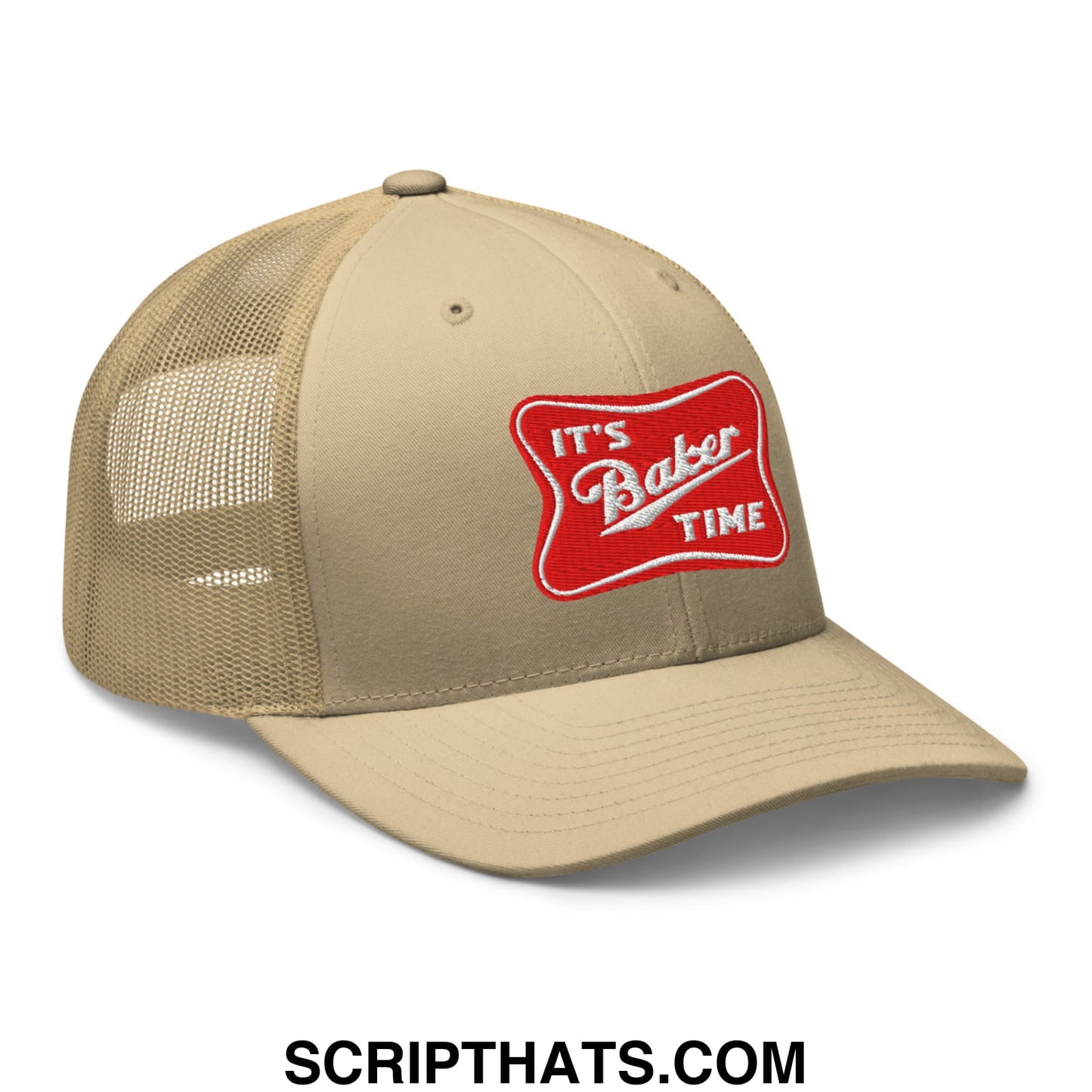 Beige mesh trucker hat with a red embroidered patch reading its baker time in white script