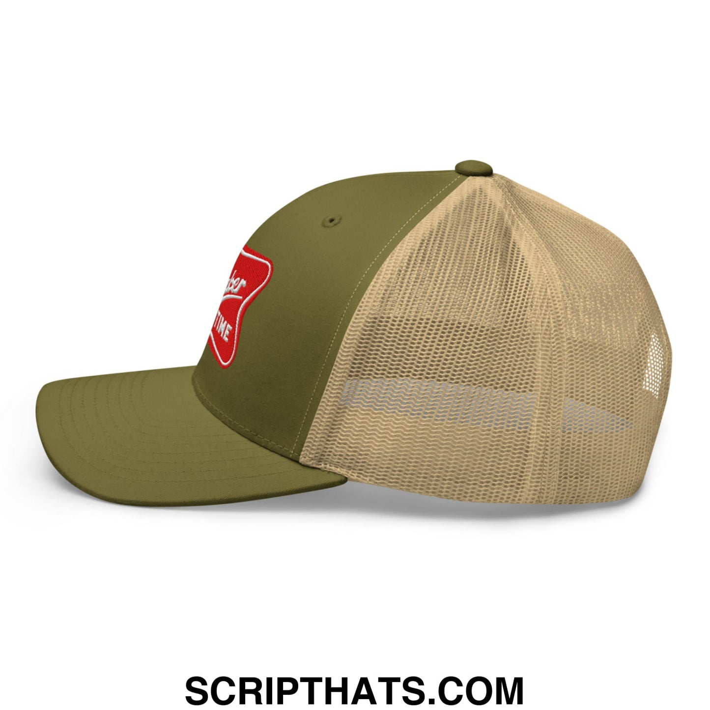 Olive green and tan mesh trucker hat with red embroidered patch side detail titled its baker time embroidered mesh trucker hat