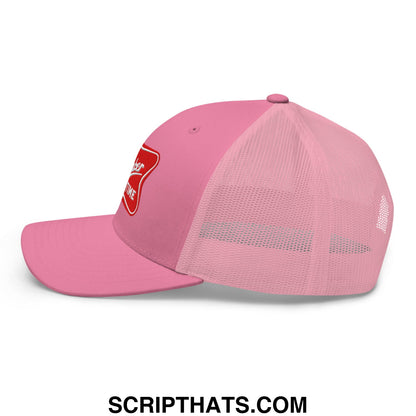 Pink trucker hat with red embroidered patch and mesh back panel from its baker time embroidered mesh trucker hat collection