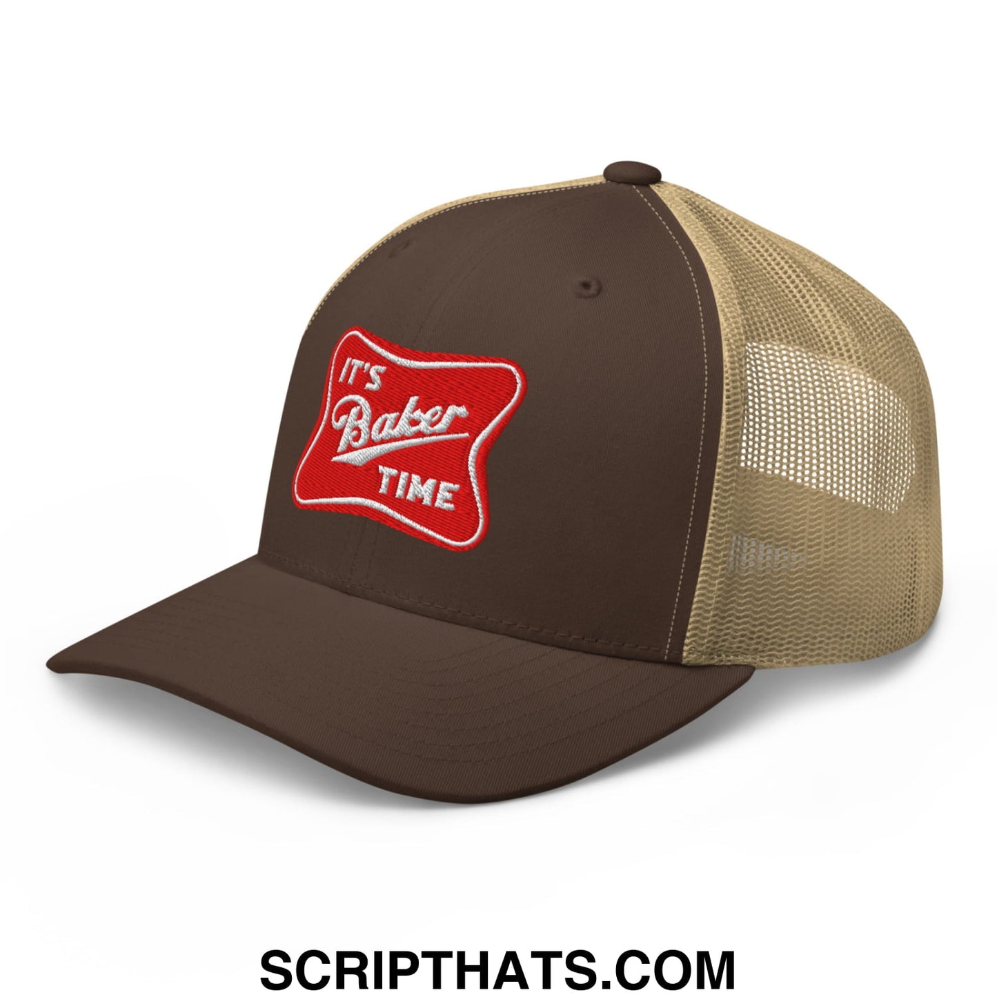Brown and tan mesh trucker hat with red embroidered patch reading its baker time in white script