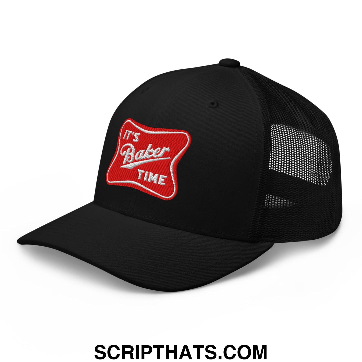 Black mesh trucker hat with red embroidered patch reading its baker time in white script