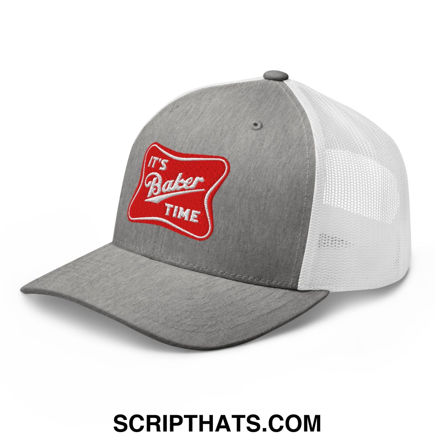 Gray and white mesh trucker hat with a red embroidered patch saying its baker time in white script