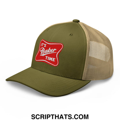 Olive green and tan mesh trucker hat with red embroidered patch reading its baker time on the front