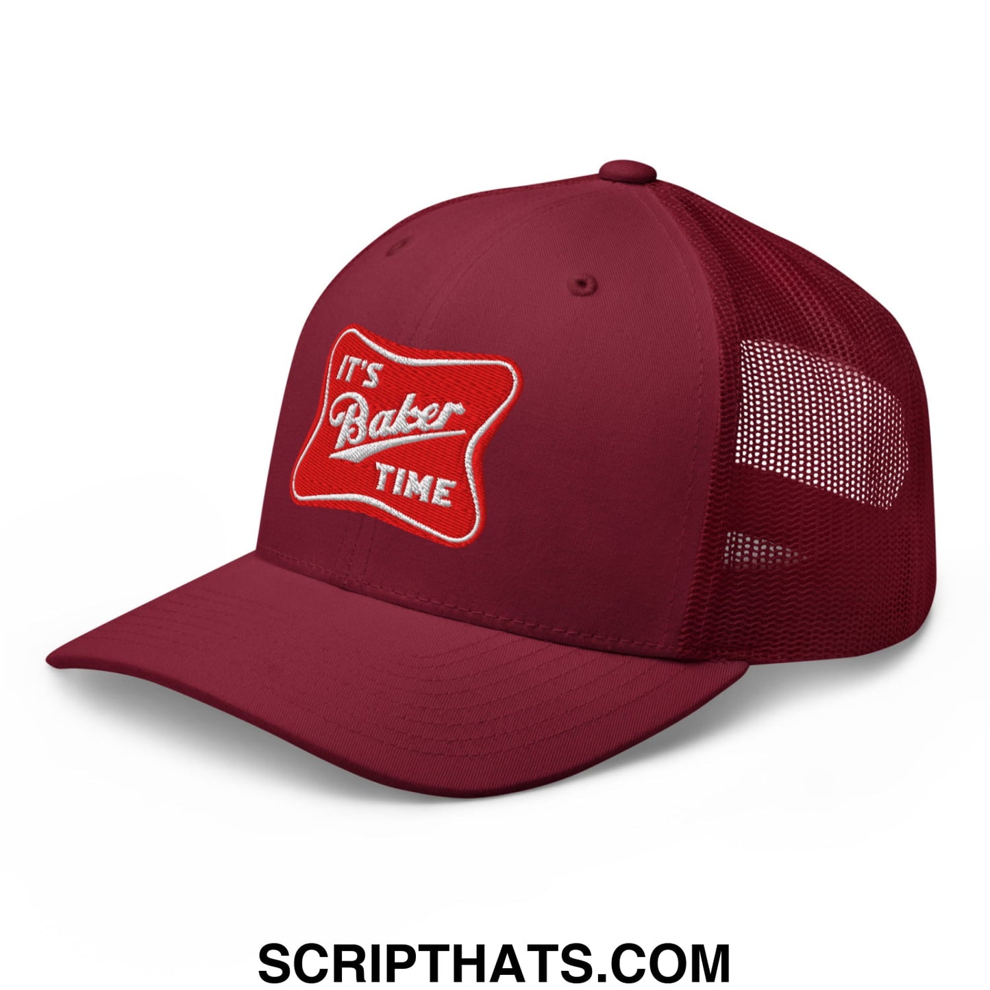 Maroon mesh trucker hat with red embroidered patch reading its baker time in white script