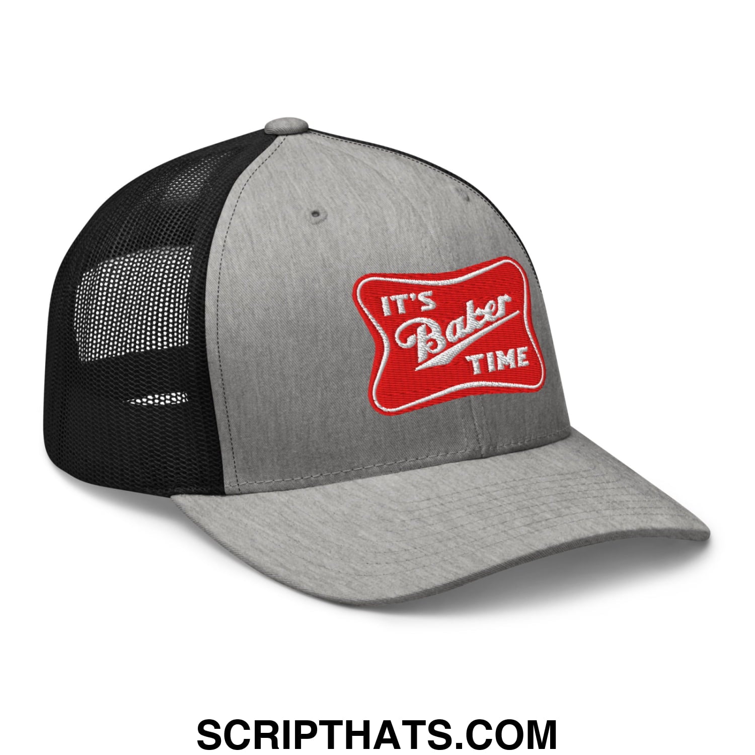 Gray and black mesh trucker hat with a red embroidered patch reading its baker time in white script