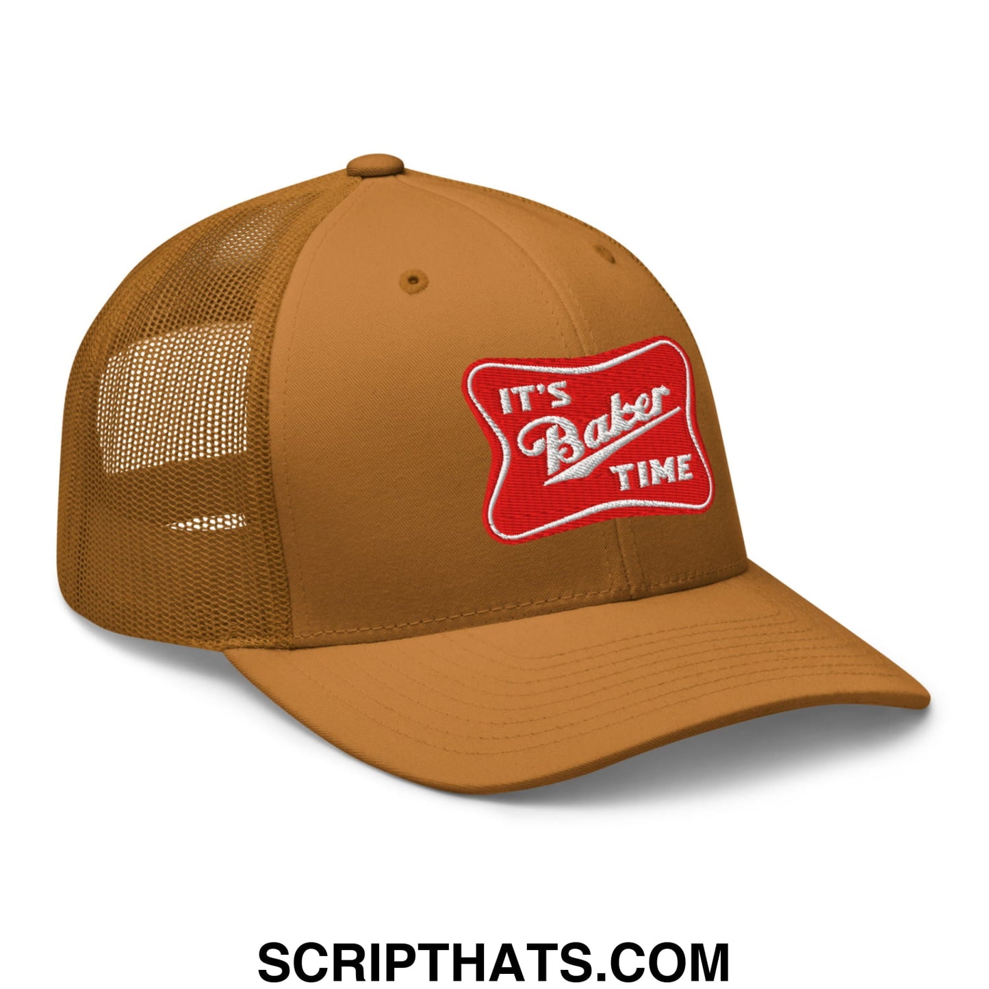 A tan mesh trucker hat with a red embroidered patch reading its baker time in white script