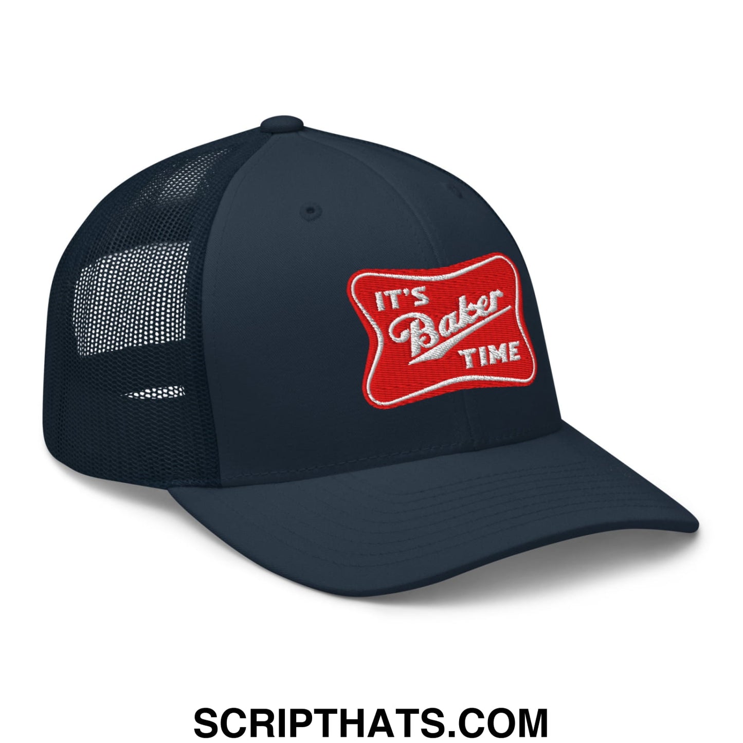 Dark navy mesh trucker hat with red embroidered patch reading its baker time in white script