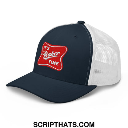 Navy blue and white mesh trucker hat with red embroidered patch featuring its baker time script design