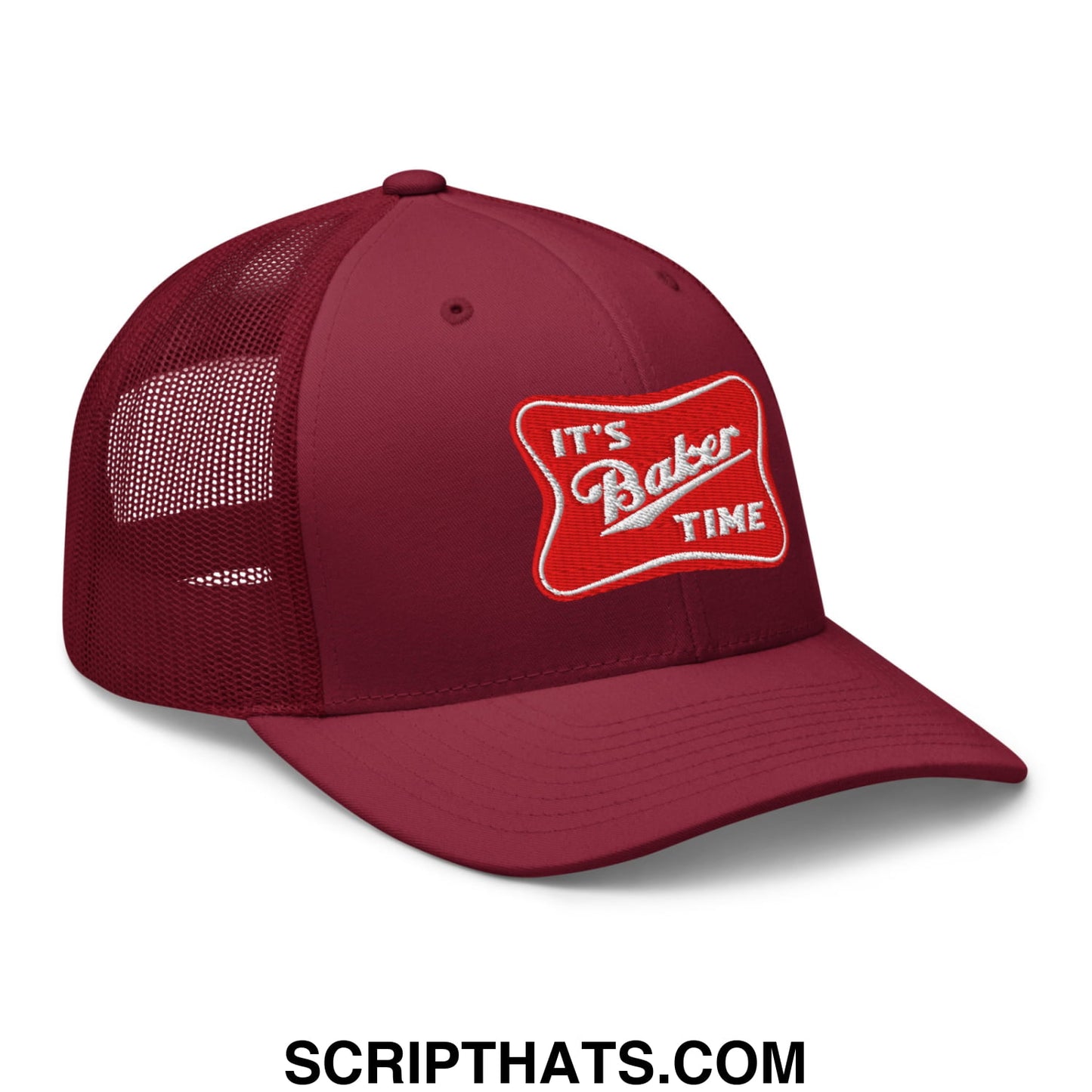 Maroon mesh trucker hat with red embroidered patch reading its baker time in white script for casual wear