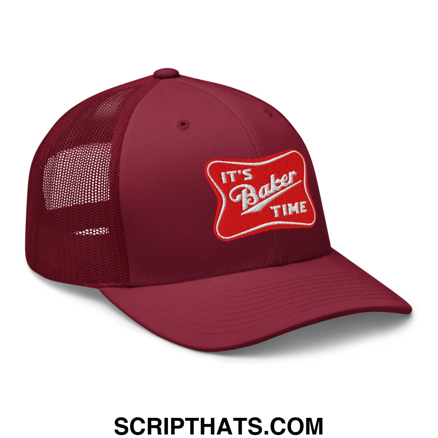 Maroon mesh trucker hat with red embroidered patch reading its baker time in white script for casual wear