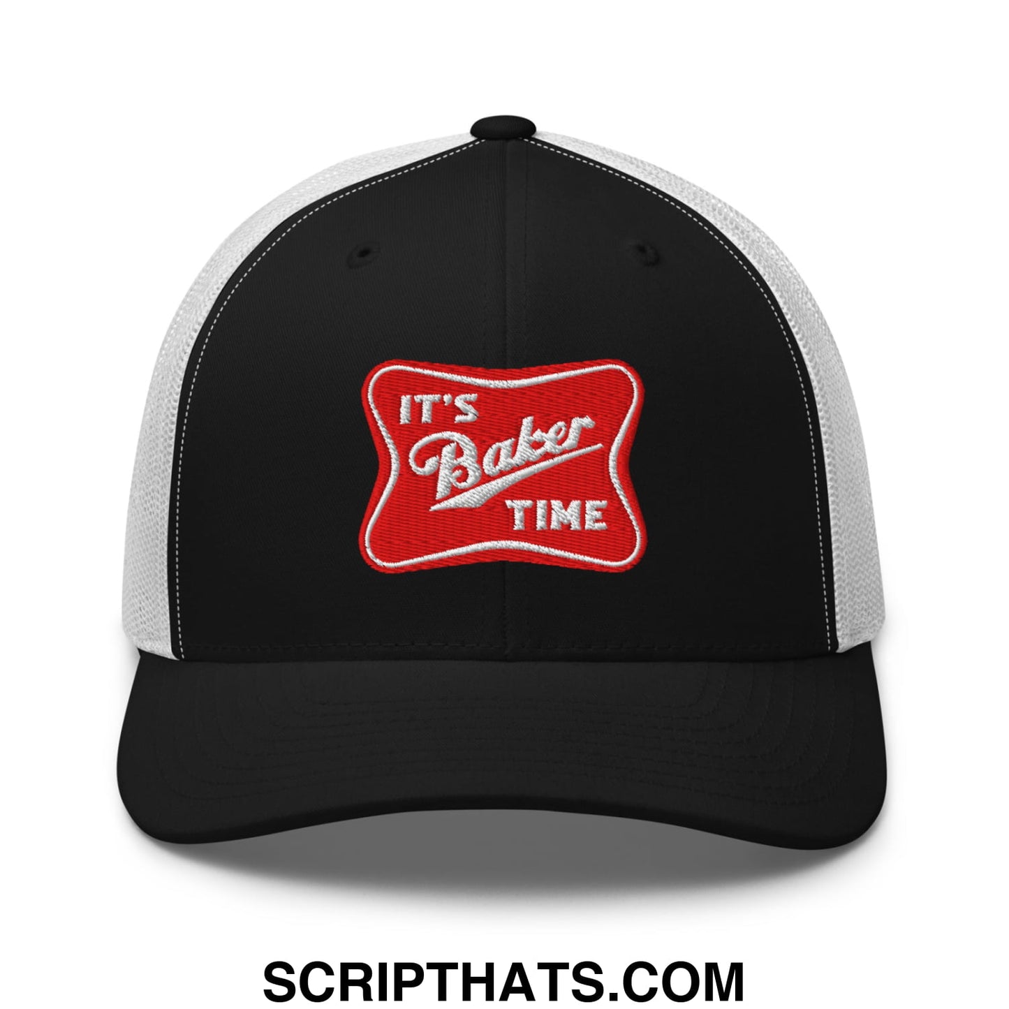 Black and white mesh trucker hat with red embroidered it’s baker time patch in white script