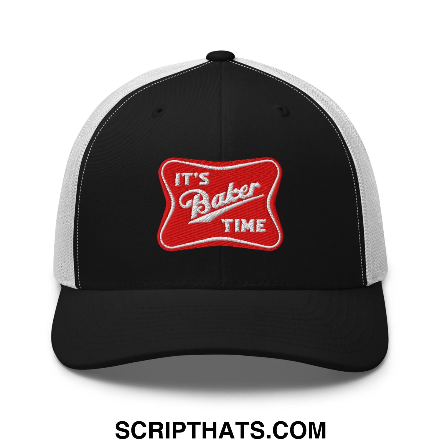Black and white mesh trucker hat with red embroidered it’s baker time patch in white script