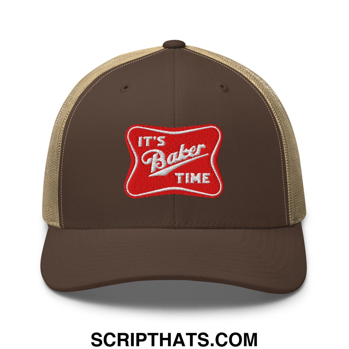 Brown and tan mesh trucker hat with red embroidered patch reading its baker time in white script