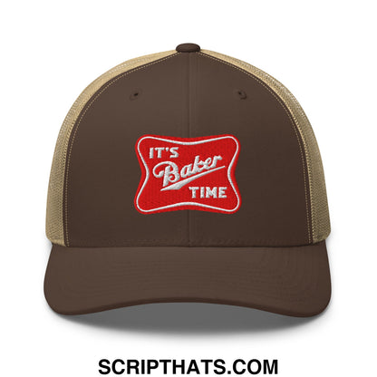 Brown and tan mesh trucker hat with red embroidered patch reading its baker time in white script