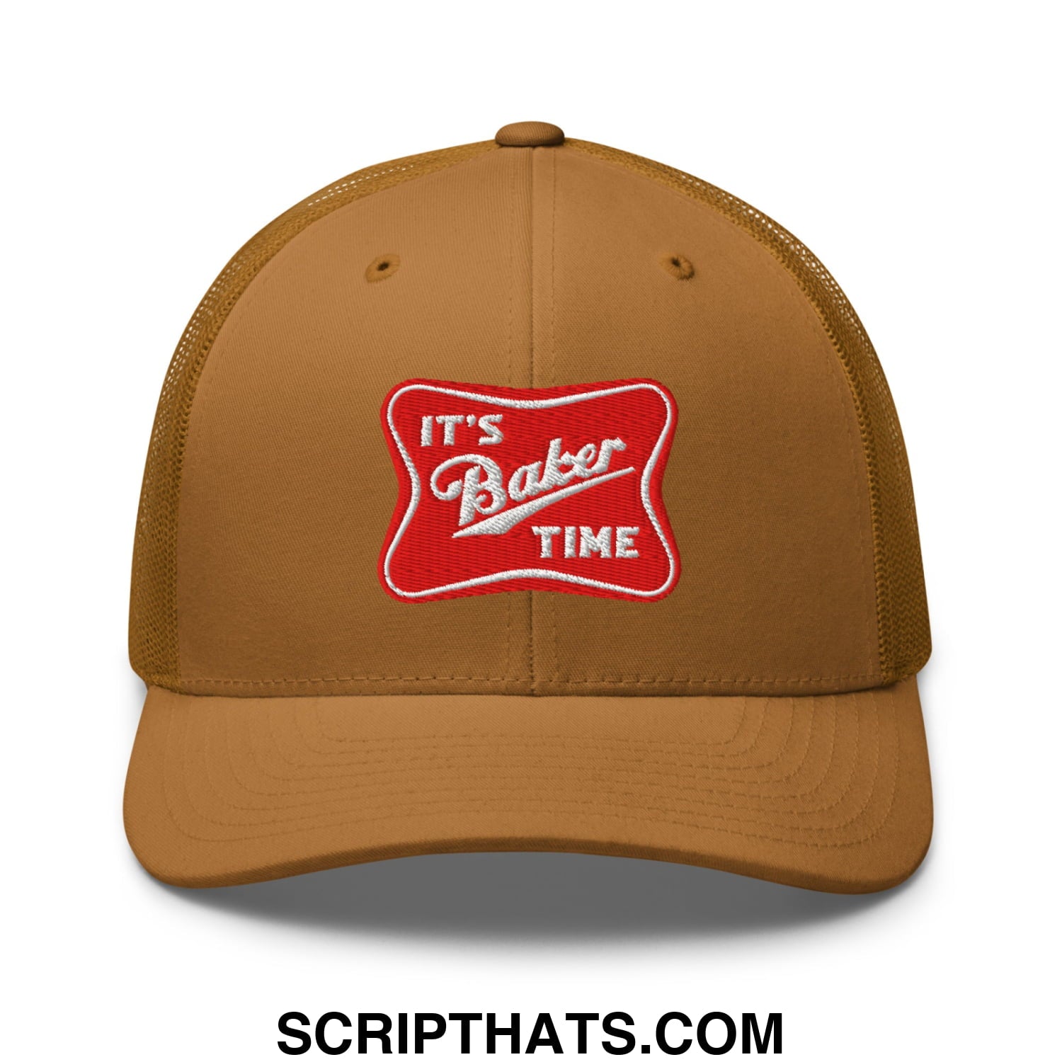 Tan mesh trucker hat with red embroidered patch that reads it’s baker time in white script