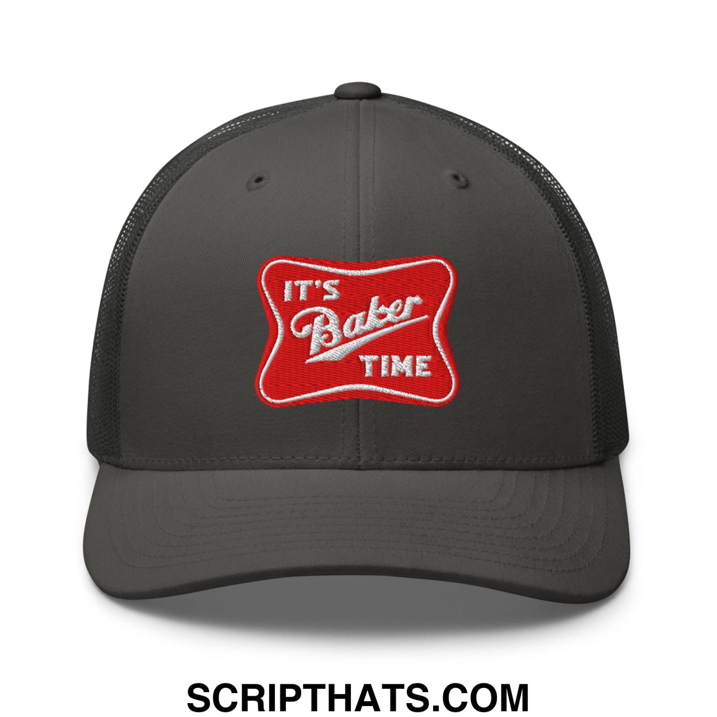 Dark gray mesh trucker hat with red embroidered patch reading its baker time in white script