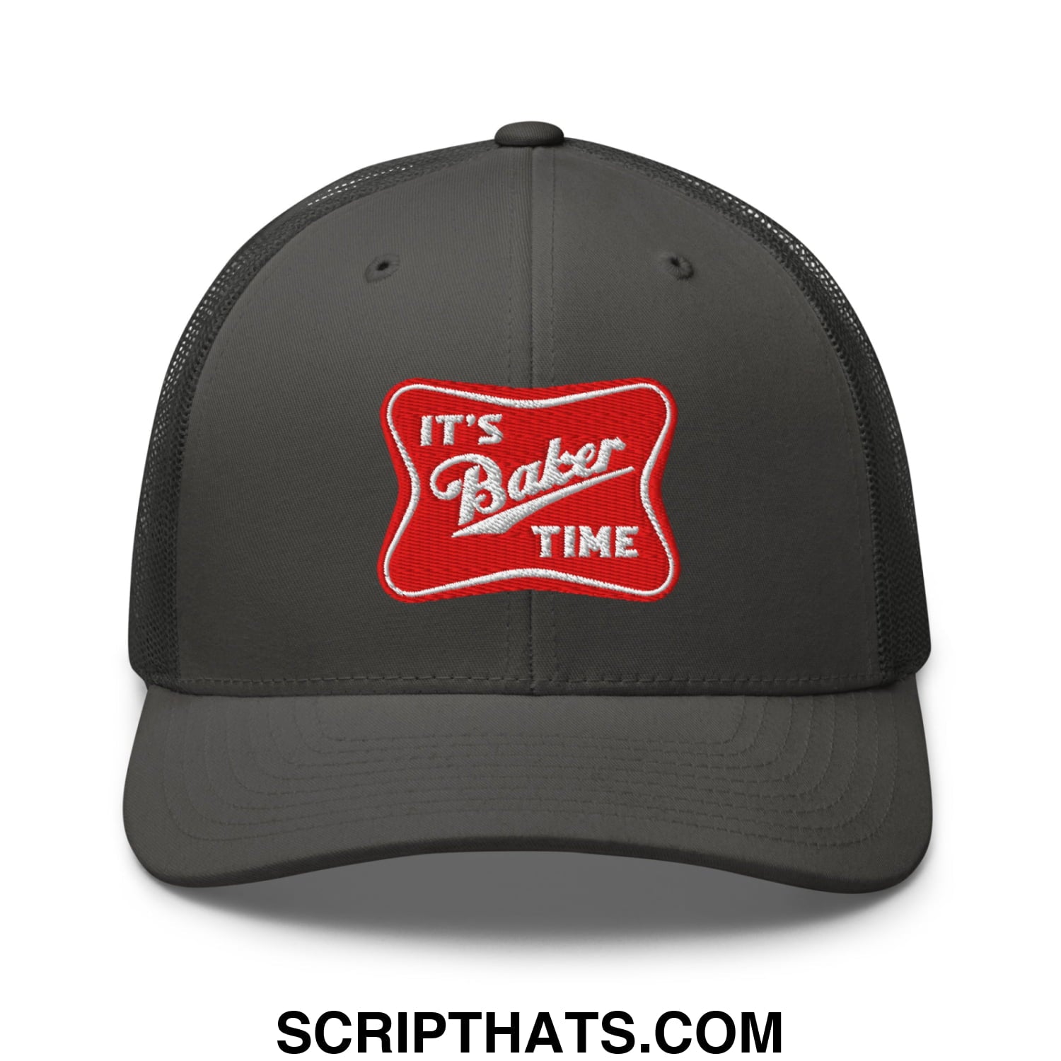 Dark gray mesh trucker hat with red embroidered patch reading its baker time in white script