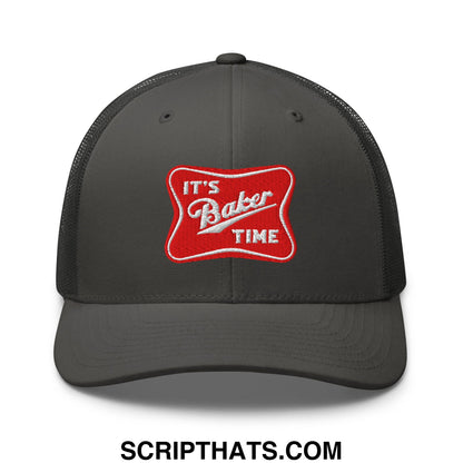 Dark gray mesh trucker hat with red embroidered patch reading its baker time in white script