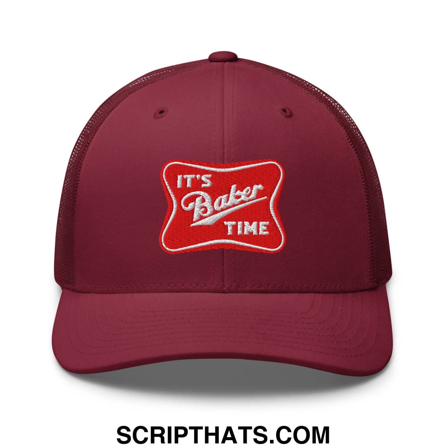 Maroon mesh trucker hat with red embroidered patch reading its baker time in white script