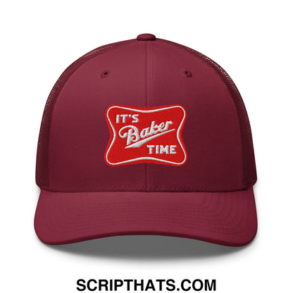 Maroon mesh trucker hat with red embroidered patch reading its baker time in white script