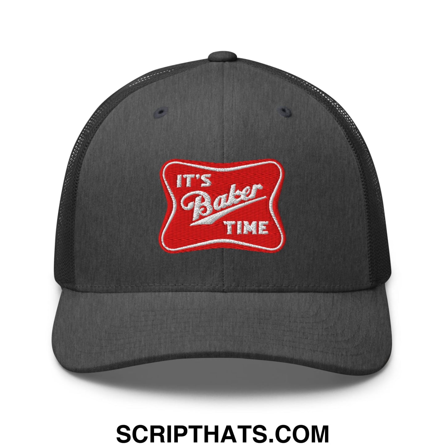 Black mesh trucker hat with a red embroidered patch reading its baker time in white script