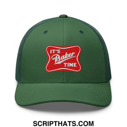 Dark green mesh trucker hat with red embroidered patch reading its baker time in white script