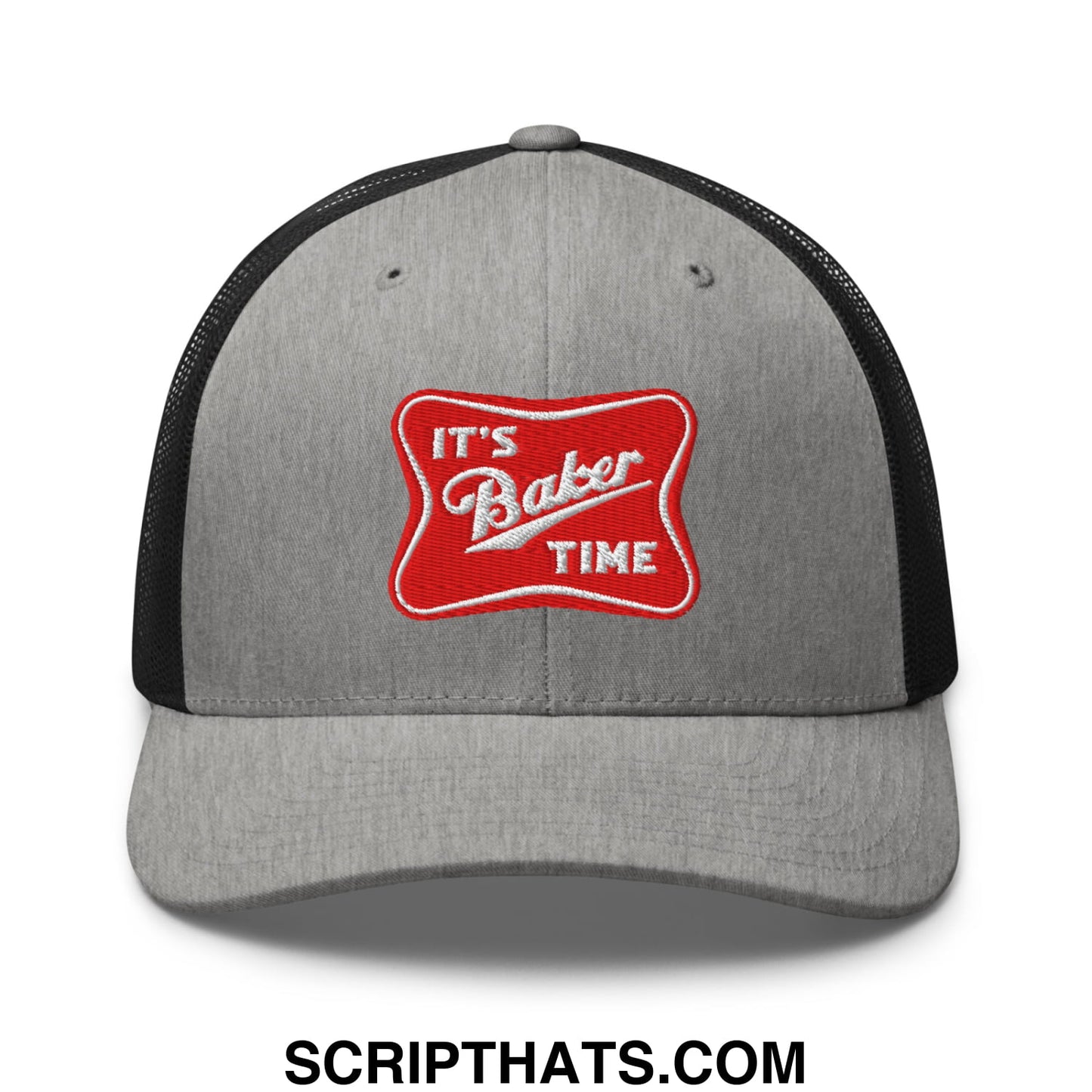 Gray and black mesh trucker hat with red embroidered patch featuring white lettering that reads its baker time