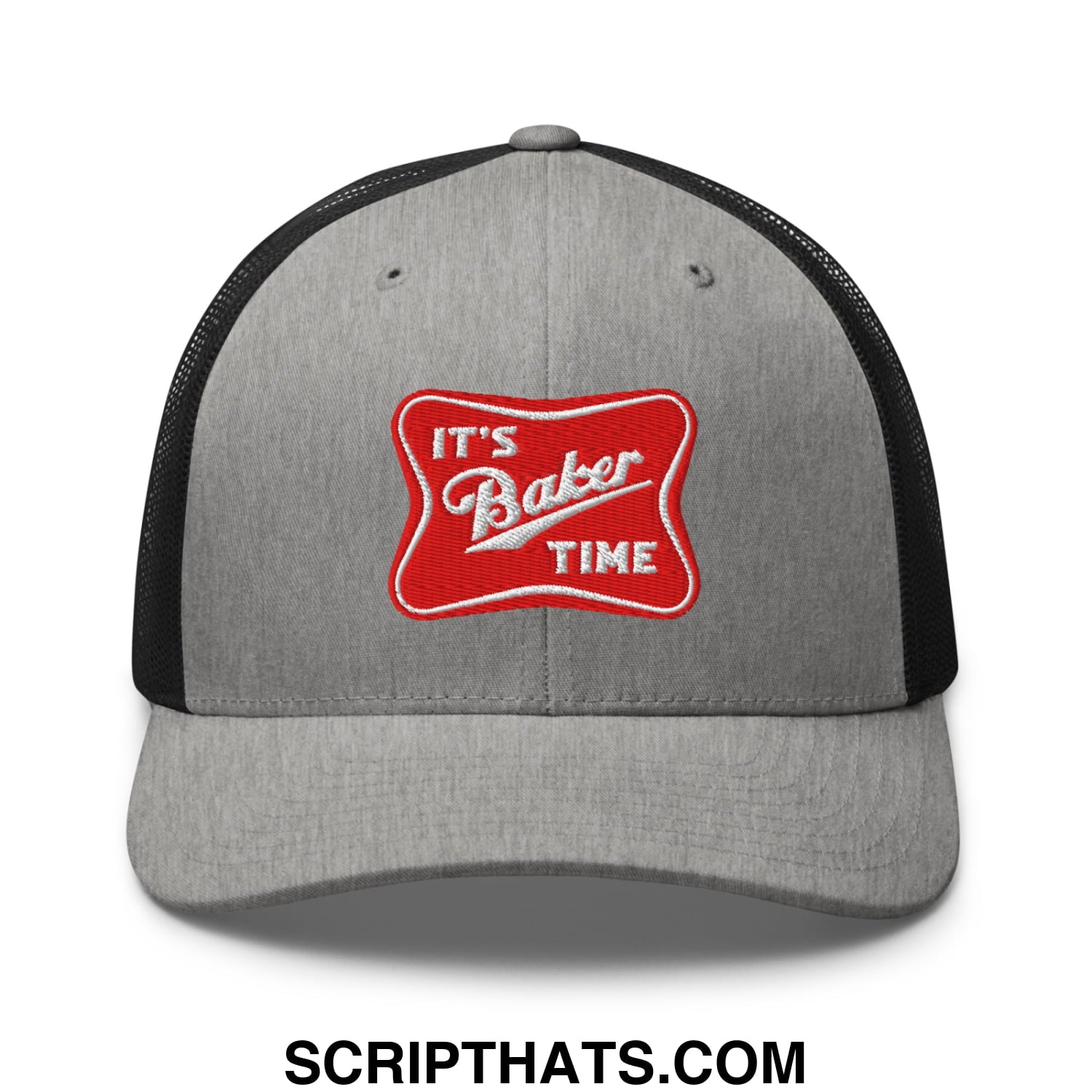 Gray and black mesh trucker hat with red embroidered patch featuring white lettering that reads its baker time