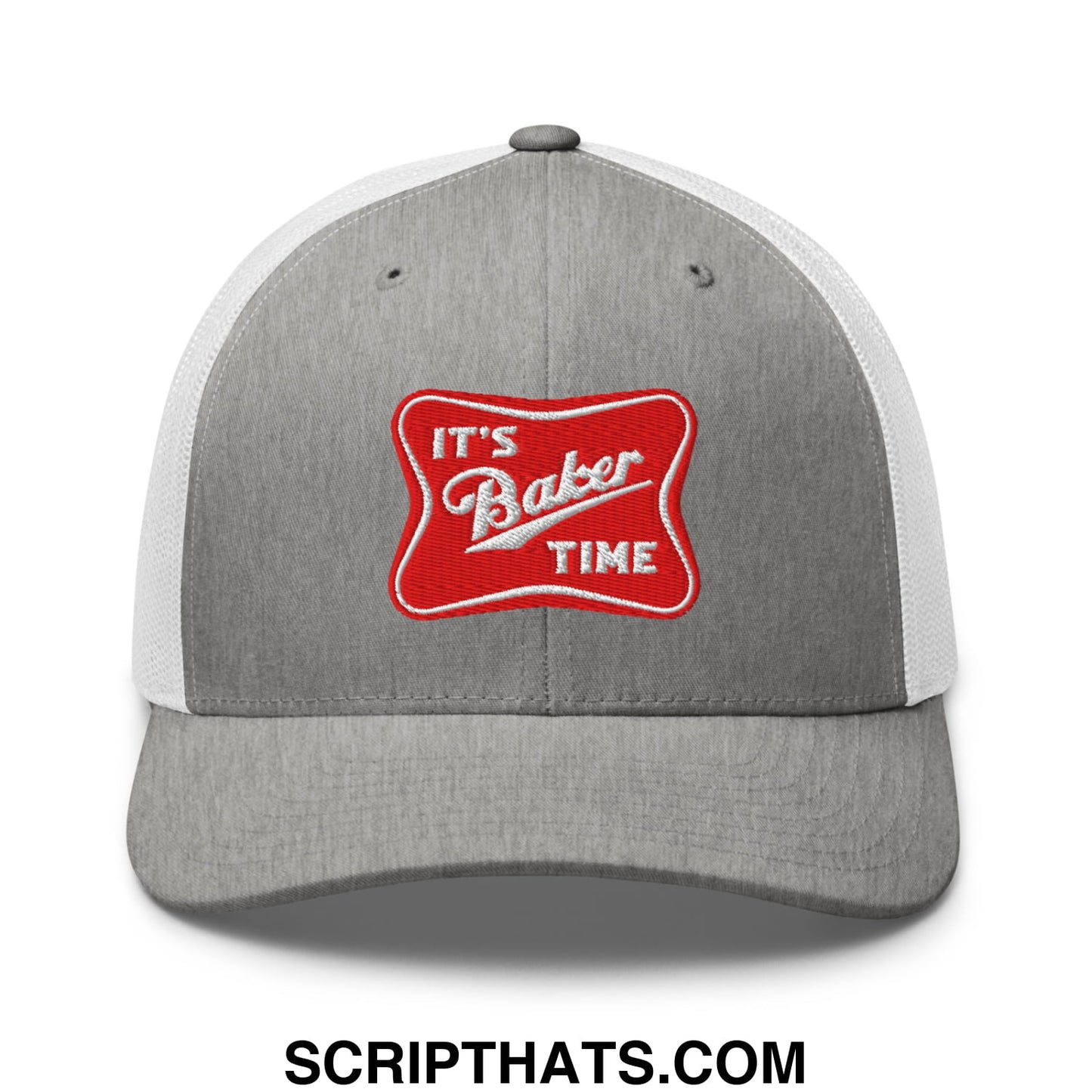 Gray and white mesh trucker hat with red embroidered patch saying its baker time in white script