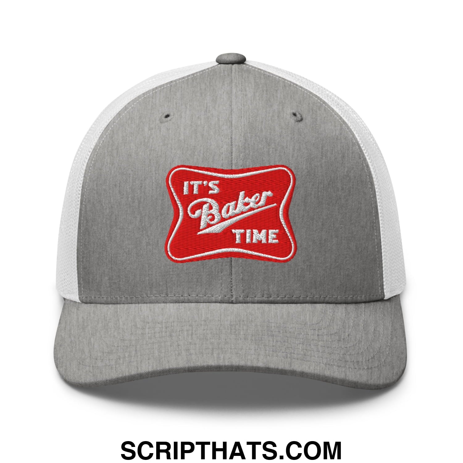 Gray and white mesh trucker hat with red embroidered patch saying its baker time in white script
