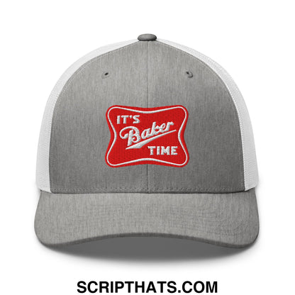 Gray and white mesh trucker hat with red embroidered patch saying its baker time in white script