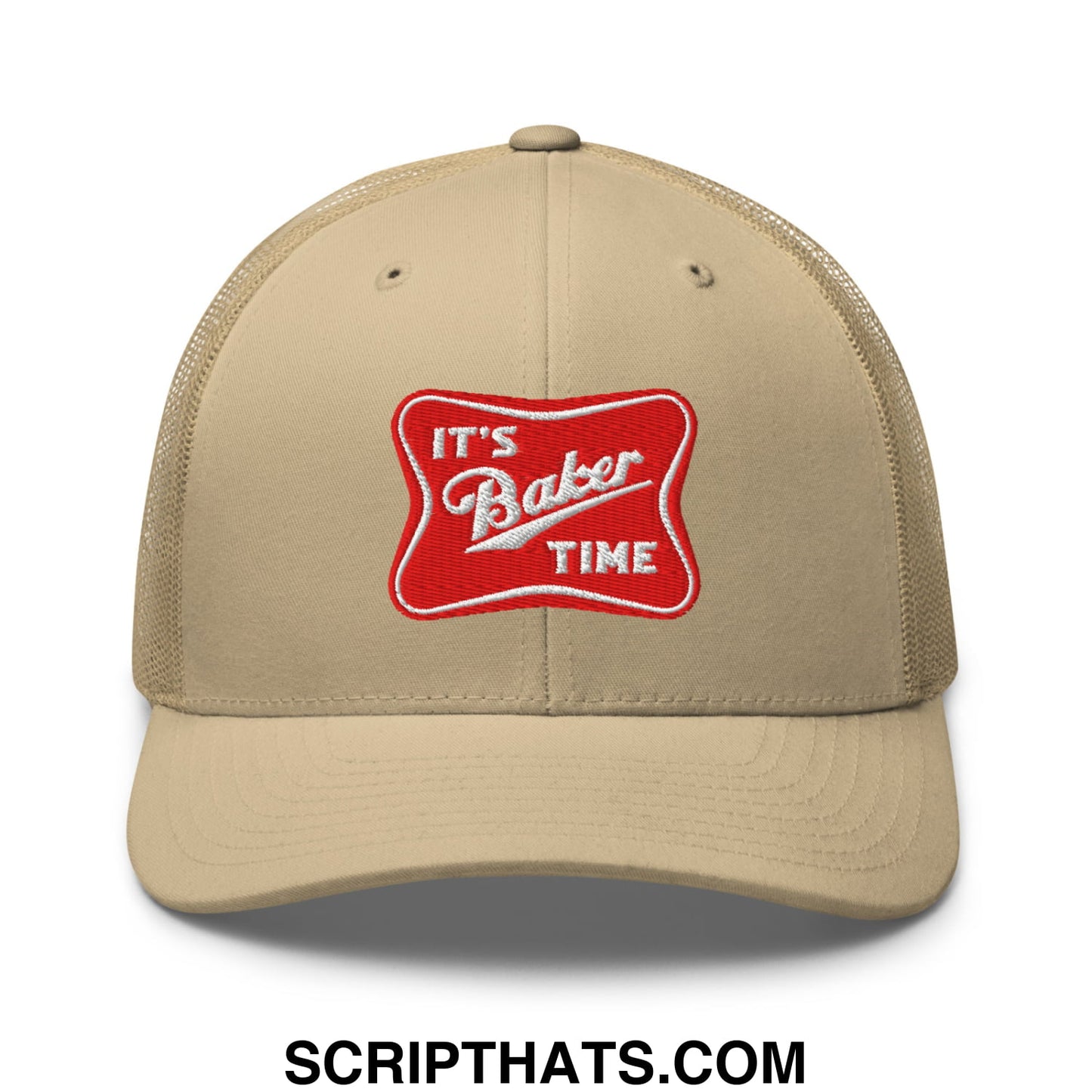 Beige mesh trucker hat with a red embroidered patch reading its baker time in white script