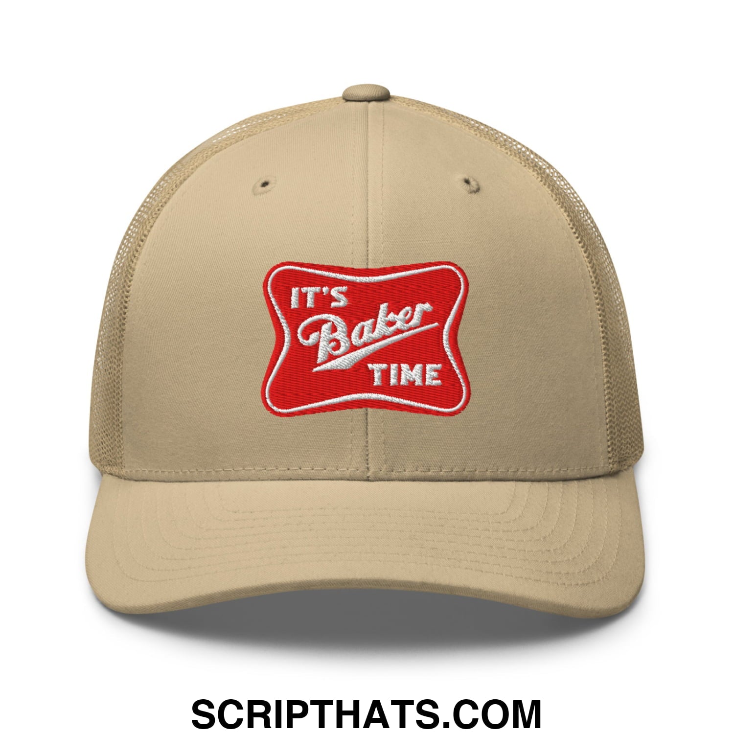 Beige mesh trucker hat with a red embroidered patch reading its baker time in white script