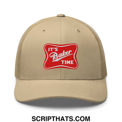 Beige mesh trucker hat with a red embroidered patch reading its baker time in white script