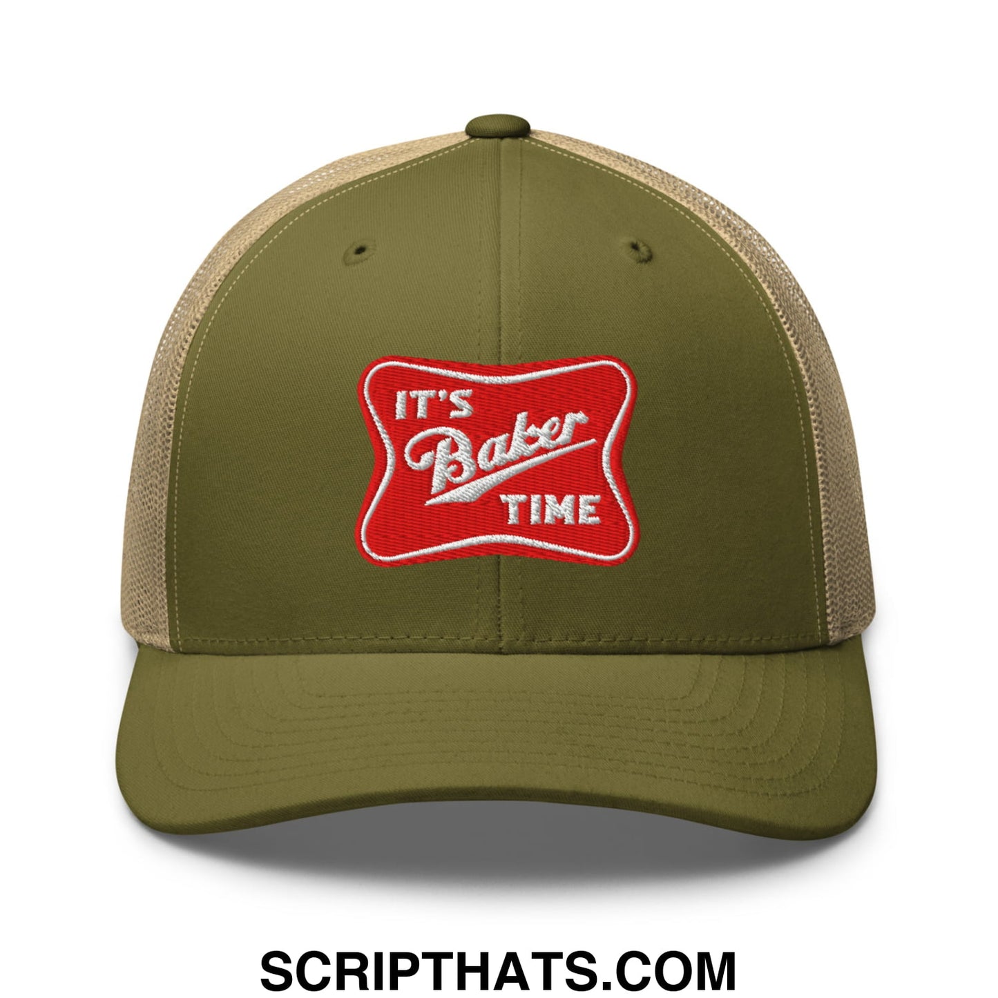 Olive green and tan mesh trucker hat with red embroidered patch reading its baker time in white script