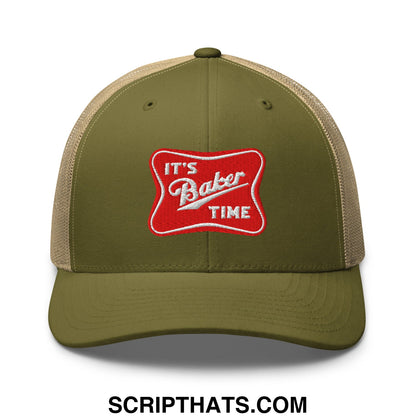 Olive green and tan mesh trucker hat with red embroidered patch reading its baker time in white script