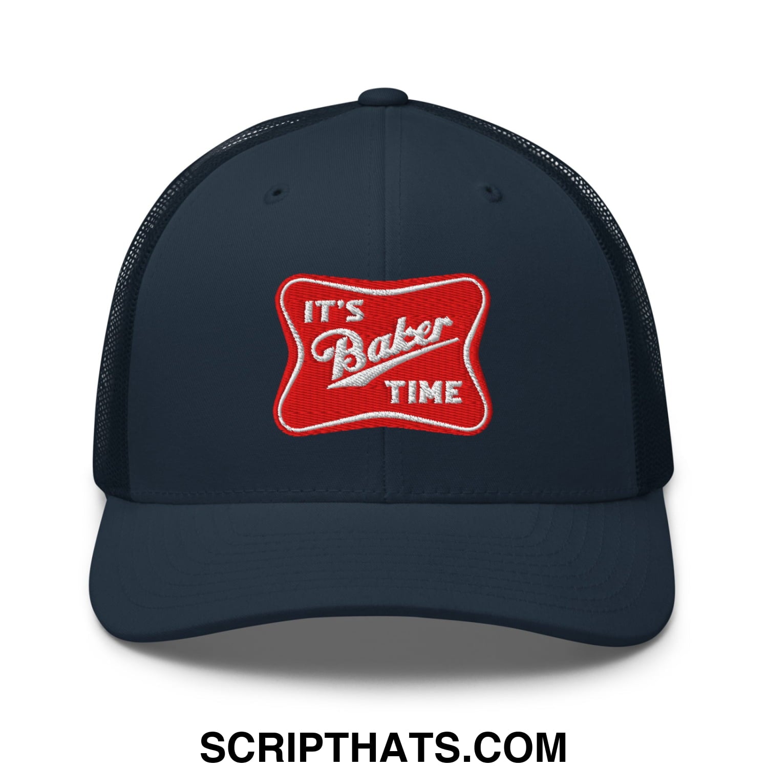 Dark navy mesh trucker hat with red embroidered patch reading its baker time in white script