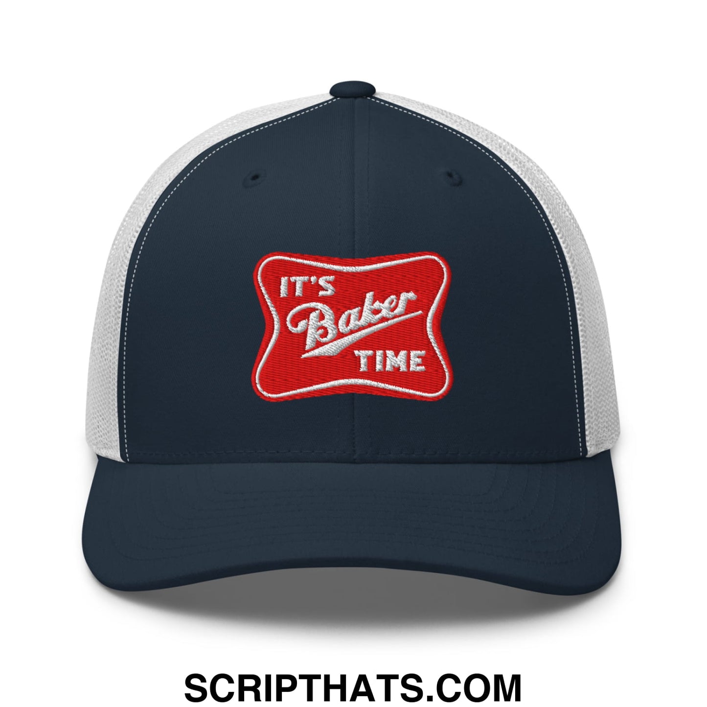 Navy blue and white mesh trucker hat with red embroidered it’s baker time patch in white script