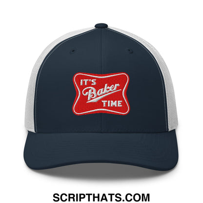 Navy blue and white mesh trucker hat with red embroidered it’s baker time patch in white script