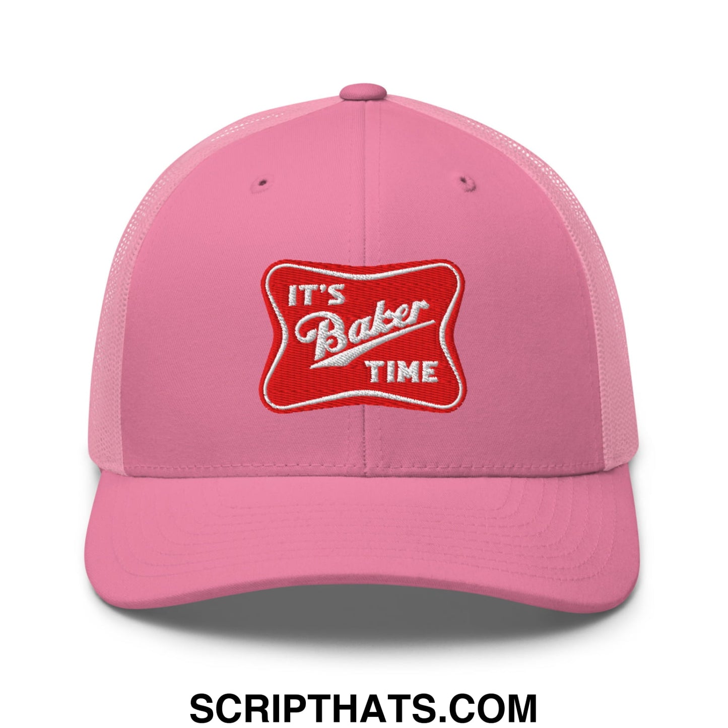 Pink mesh trucker hat with red embroidered patch reading its baker time in white script