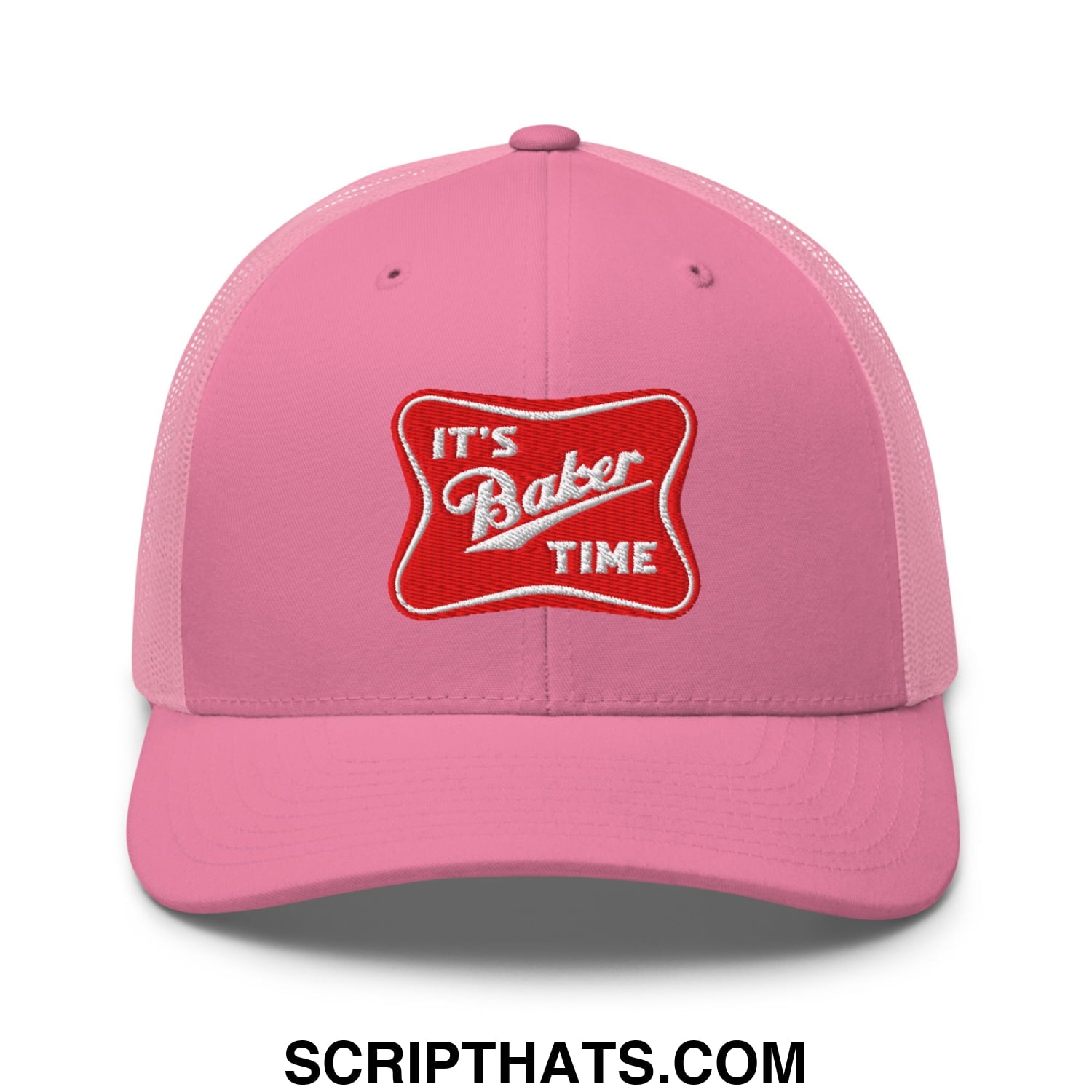 Pink mesh trucker hat with red embroidered patch reading its baker time in white script