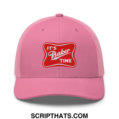 Pink mesh trucker hat with red embroidered patch reading its baker time in white script