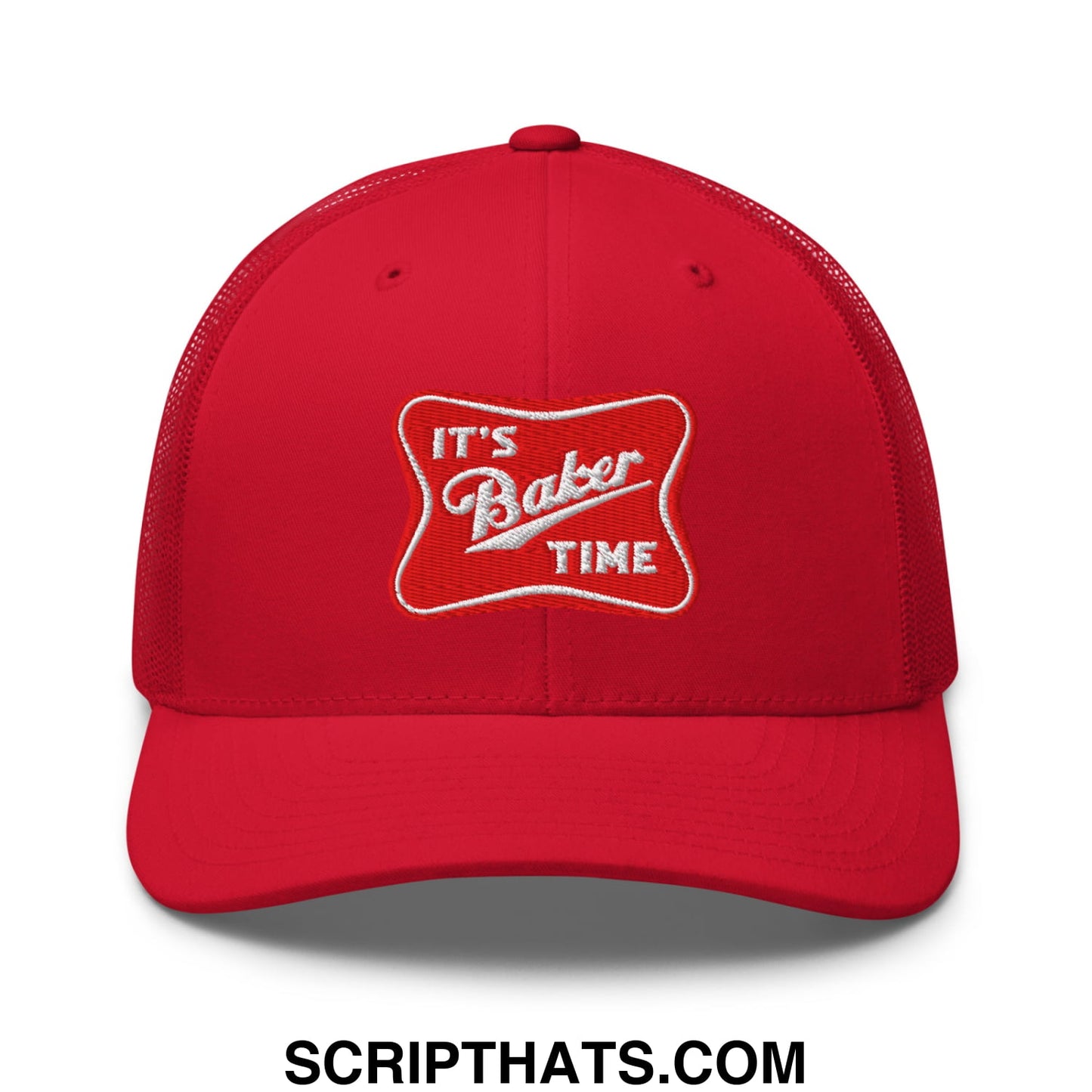 Red embroidered mesh trucker hat with white its baker time logo ideal for casual and outdoor wear
